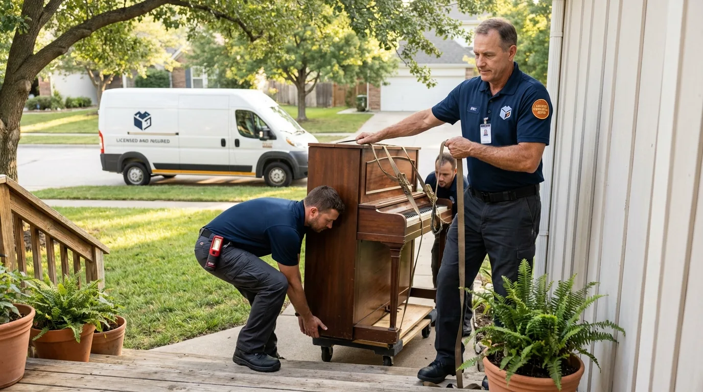 Licensed piano movers securing grand piano in Woodbury Heights, NJ