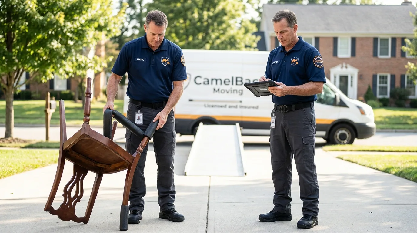 Movers inspecting furniture for damage prevention before loading in Woodbury Heights, NJ