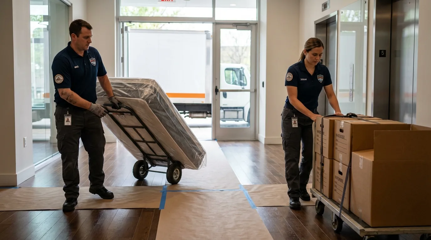 Professional apartment movers loading elevator in Woodbury Heights, NJ