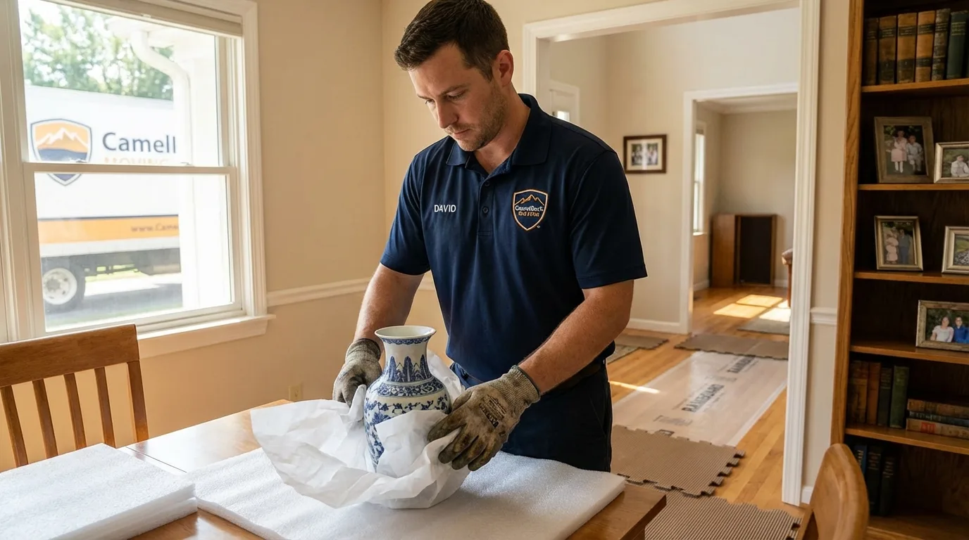 Professional crew carefully wrapping antique vase for senior downsizing move in Woodbury Heights, NJ